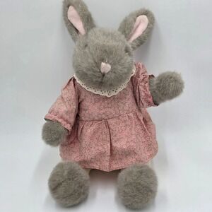 Vintage 1980s Applause Gray Bunny Rabbit Plush in Pink Dress 22"